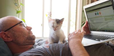 Person lying down and working on a laptop computer with a kitten on his chest