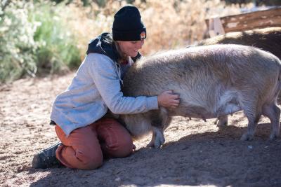 Hailey hugging Karen the kunekune pig