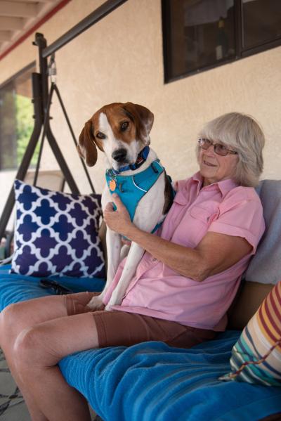 Elvis the dog sitting next to Mary on a porch swing