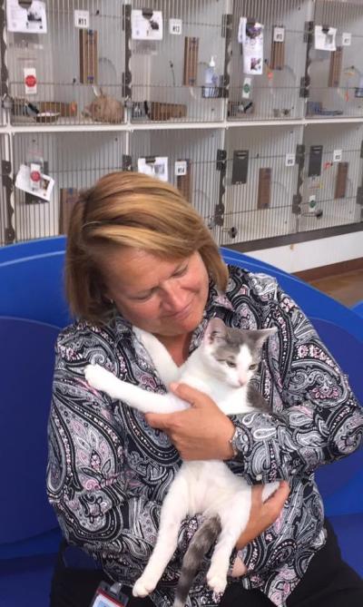 Tawny Hammond holding a tabby and white kitten