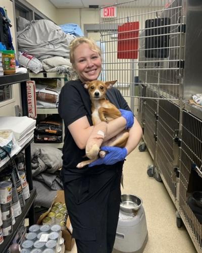 Emily holding Nemo, the puppy with the fractured leg