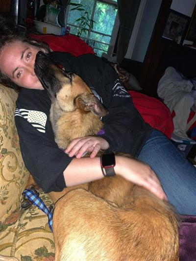 Cheyenne the shepherd in her new home, being hugged by her adopter