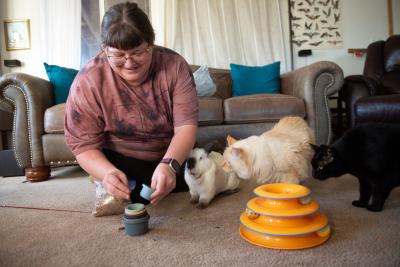 Keala with her cats and Peter the rabbit with the stacking cups