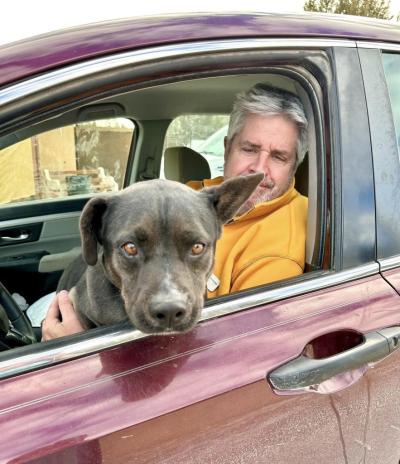 Kody the dog with Tim Dempsey in a vehicle