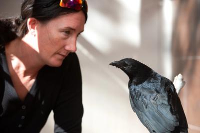 Lauren looking at Kazoo the crow