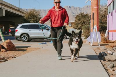 Runner wearing a red jacket outside with a dog on a leash