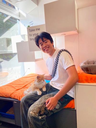 Cat on the lap of a smiling adopter at the Best Friends Lifesaving Center in New York City