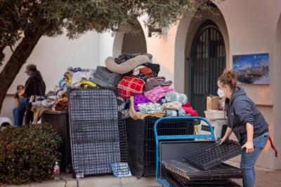 Large pile of donations for animals for the Best Friends Pet Adoption Center in Los Angeles during the wildfires