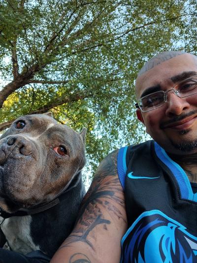 A selfie of Pumba the dog with his person