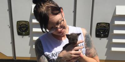 Jenn Stone holding a kitten from the transport