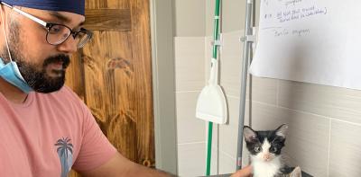 Ramandeep Singh with his mask down, with hand out to small black and white kitten