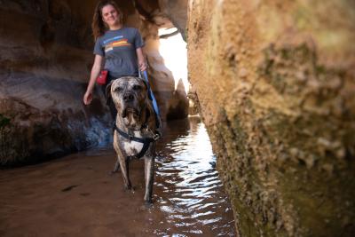 Calais and a person out on a hike in a creek