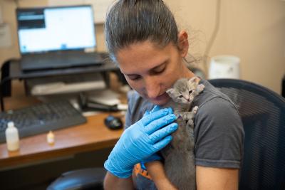 Tina holding one of the dragon kittens on her shoulder