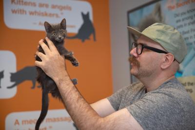 Foster Tyler Lisonbee holding a small gray kitten up in the air while looking at her