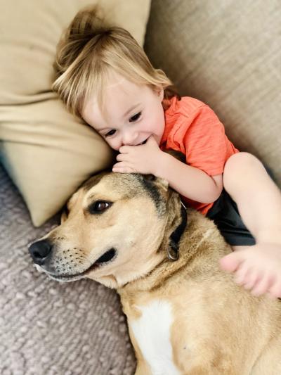 Nash the dog snuggling with Erik Smith's daughter