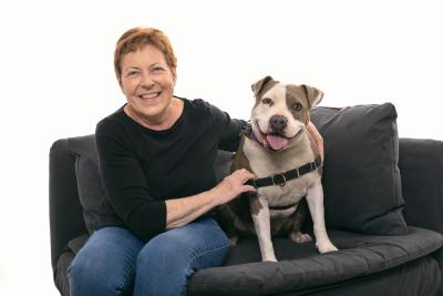 Ginny Popovich with Pebbles the dog