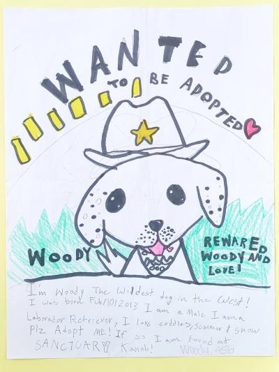 Child's "wanted poster" drawing of Woody the dog wearing a sheriff's hat and bandanna