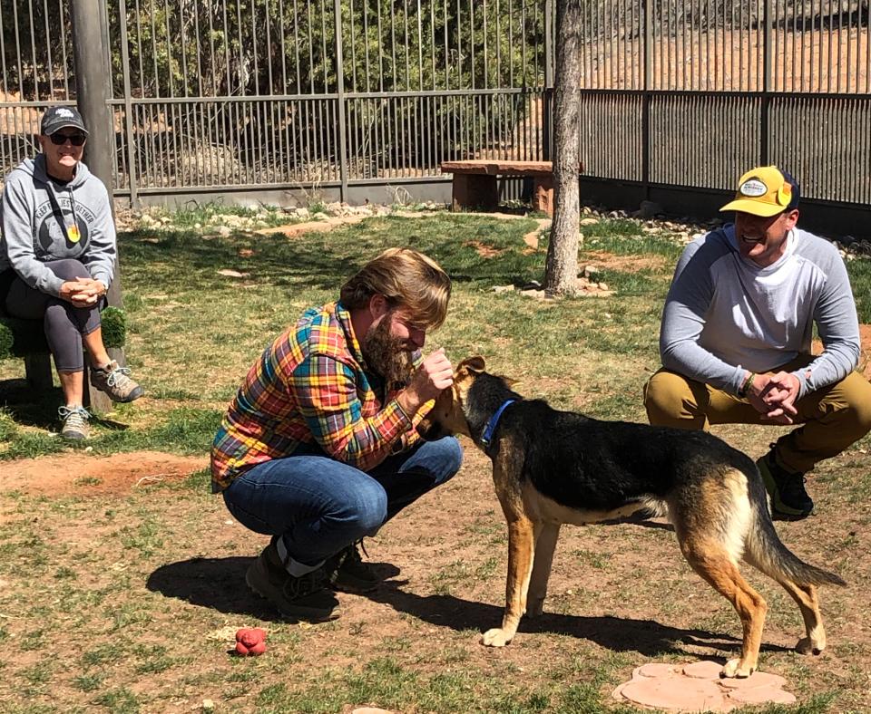 Volunteer from MenHealing petting a dog